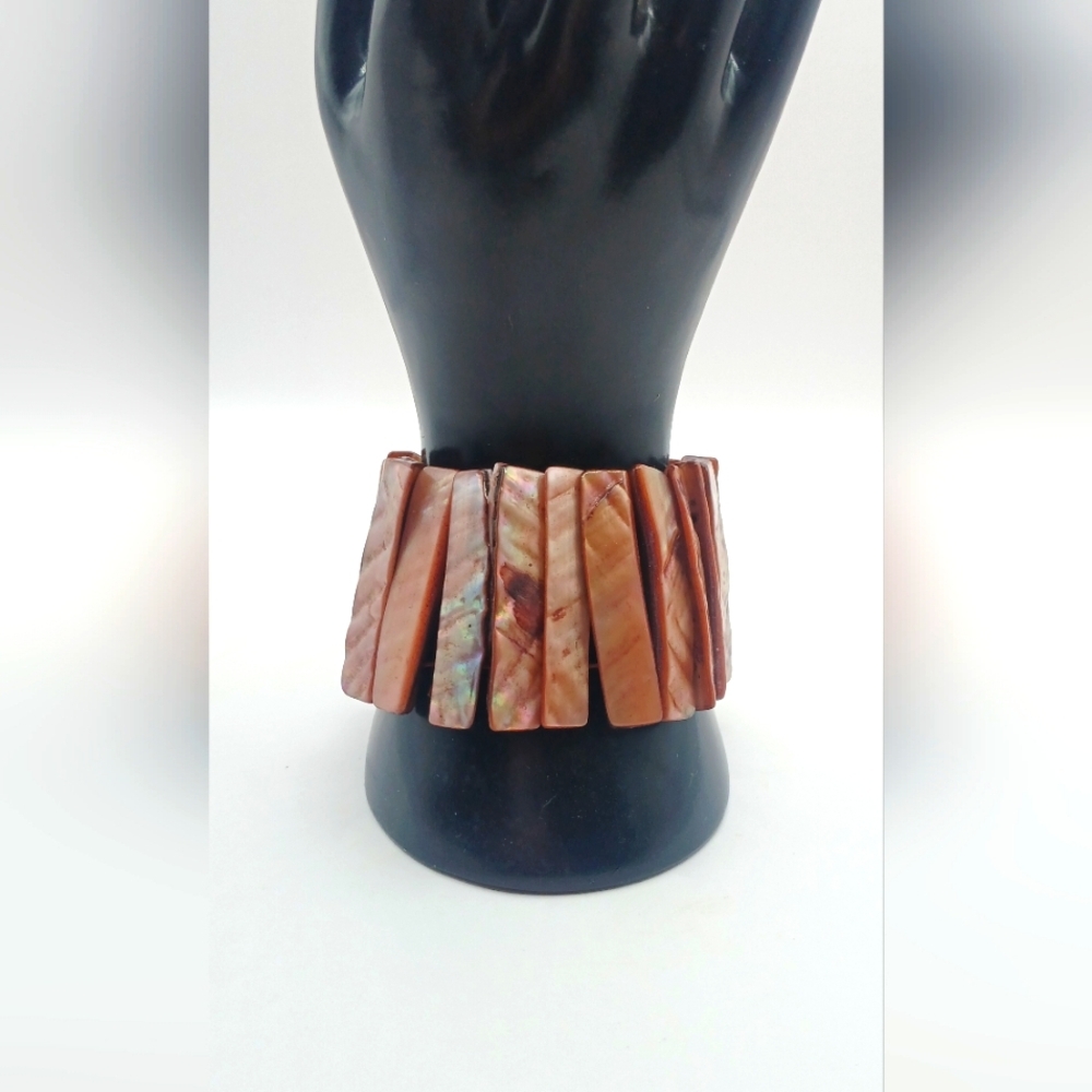 Bronze Abalone Bracelet Chunky Mother of Pearl Shell Stretch Coral Bronze